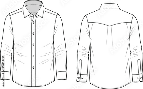 Men long sleeve button down shirt vector template, classic collared dress shirt front and back view apparel fashion technical flat sketch