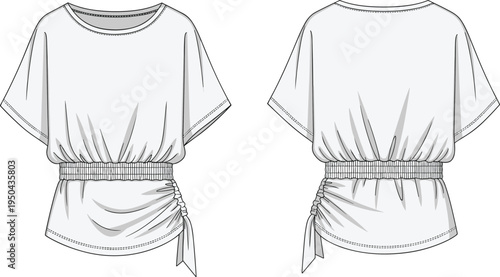 Women ruched waist t shirt vector template, short sleeve casual blouse with drawstring detail, front and back view fashion flat sketch