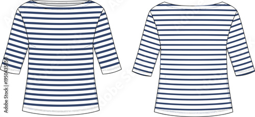 Women striped boat neck t shirt vector template, three quarter sleeve casual top, front and back view fashion technical flat sketch