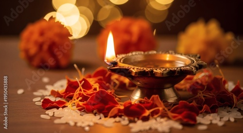 Traditional Tamil New Year celebration with oil lamps, flowers, and festive decor on wooden table perfect for Tamil New Year