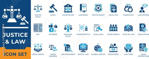 Justice and law icon set. Legal system, courthouse, lawyer, judge gavel, scale, attorney and digital regulation vector symbols.