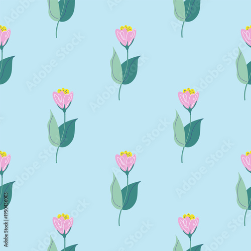 Beautiful tulip seamless pattern. Spring flowers background. Cute floral print. Hand drawn flat design vector illustration.
