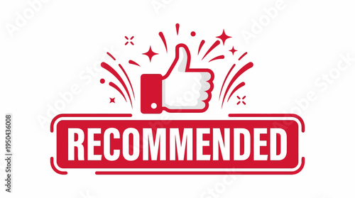 Recommended Stamp Icon, Thumbs Up Symbol, Red Distressed Label, Vintage Endorsement Vector Design for Marketing, Reviews, Product Approval, Business Promotion, Advertising, Customer Choice