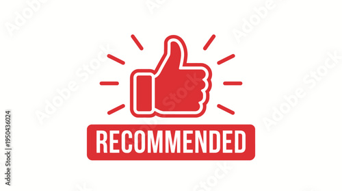 Recommended Stamp Icon, Thumbs Up Symbol, Red Distressed Label, Vintage Endorsement Vector Design for Marketing, Reviews, Product Approval, Business Promotion, Advertising, Customer Choice