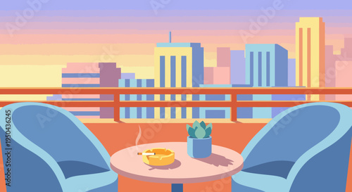 Cozy Balcony Seating with Coffee and City View at Sunset.