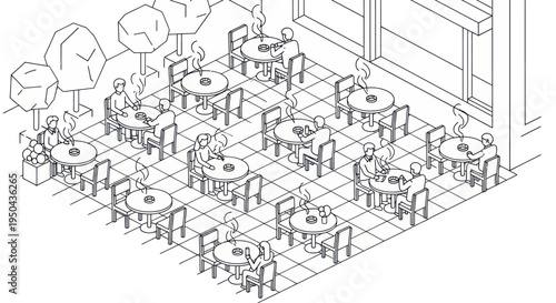 Isometric drawing of people dining at outdoor cafe tables.