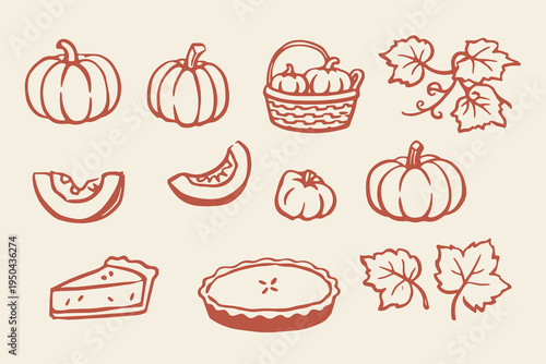 Pumpkin pie set outline sketch vector illustration