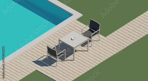 Isometric view of a modern outdoor dining set next to a swimming pool.