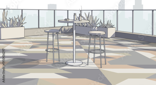 Modern outdoor bar stools and table on a rooftop patio.