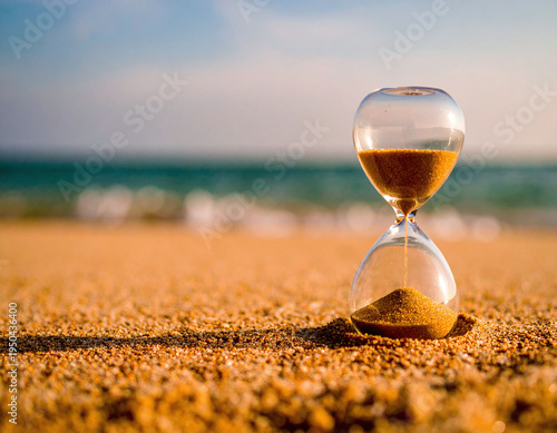 Symbolic hourglass on a sandy beach under warm sunlight. A perfect metaphor for lifes moments, deadlines, and the beauty of passing time. Ideal for inspirational and travel designs.
