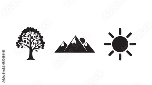 Tree Mountain Sun Nature Icons For Environmental Concepts