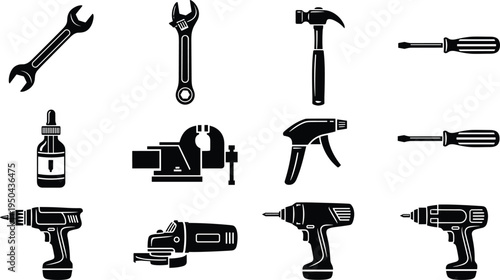 Hand tools silhouette collection, wrench, hammer, screwdriver, drill, jigsaw, spray gun, bench vise, dropper bottle, construction equipment, DIY repair essentials