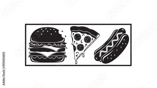 Fast Food Icons Hamburger Pizza Hot Dog For Restaurant Menu Concepts