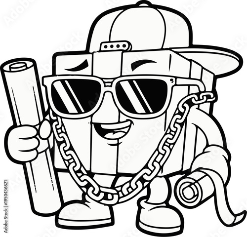 Cartoon box character with sunglasses, baseball cap, and chain