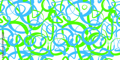 Hand Drawn Wavy Circles. Seamless background of green and blue deformed rings. Not AI, vector illustration.