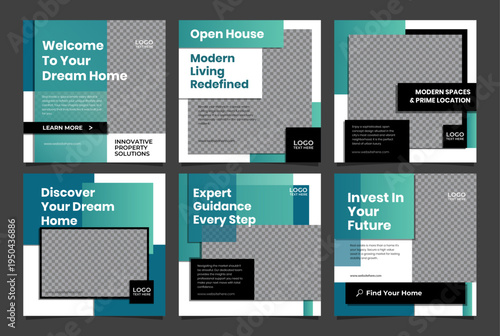 Real Estate Social Media Carousel Template Pack for Instagram and Facebook with Modern Property Listings and Market Update Layouts, Editable AI file