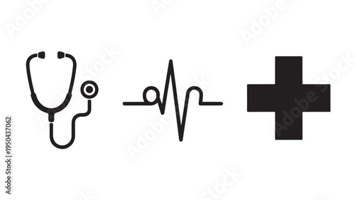 Medical Symbols Icons Stethoscope ECG Cross For Healthcare Concepts