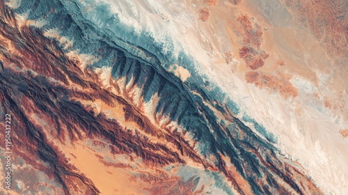 Aerial view of arid mountain ranges with colorful rock formations