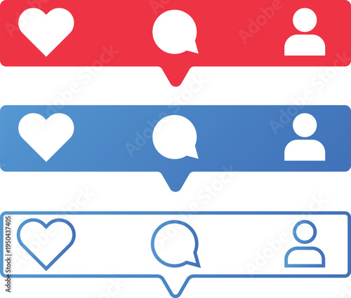 A collection of social media icons featuring hearts, speech bubbles, and people on a white background
