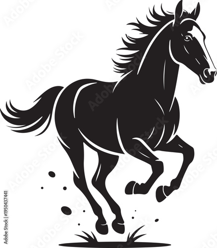 A black horse silhouette vector illustration of a wild stallion running at full speed, featuring a gallop design that captures the powerful equine outline of a mustang in nature