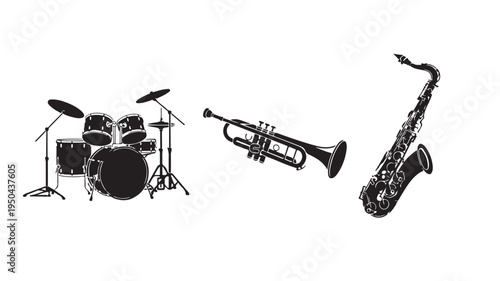 Black and white musical instruments including a drum set, trumpet, and saxophone on white background for music concepts