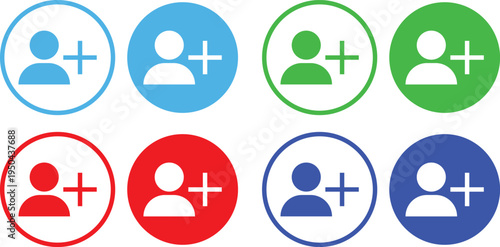A set of colorful icons featuring people with a plus sign, symbolizing addition or friendship.