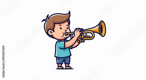 Cartoon boy playing a brass trumpet with puffed cheeks