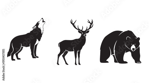 Black silhouettes of wolf, deer, and bear on white background for wildlife concepts