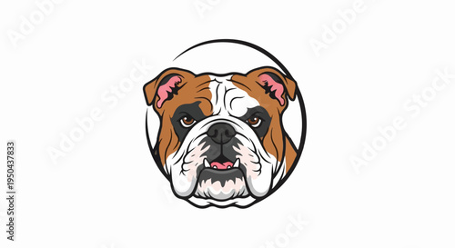 Cartoon bulldog face with brown and white markings within a circle