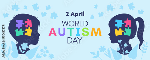 World Autism Awareness Day Banner with Children Silhouettes and Puzzle Brain Symbols