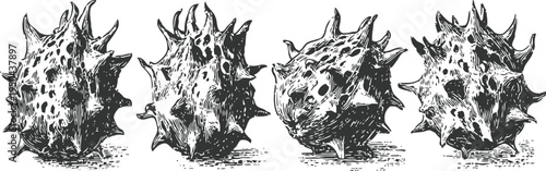 Four detailed hand drawn sea urchin shells with spikes, textured marine life illustrations in vintage