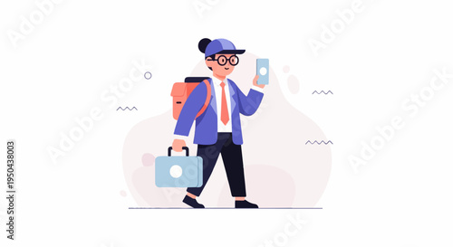 A cartoon man in a suit, cap, and backpack walks with a briefcase and phone