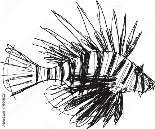 scribble lionfish illustration with spiky fins and striped pattern drawing