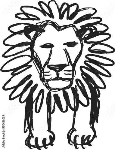hand drawn lion sketch with mane, fierce expression, and detailed paws in black ink
