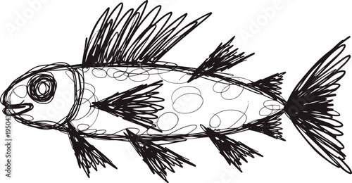 Hand drawn sketch of a fish with detailed fins and scales in black ink line art