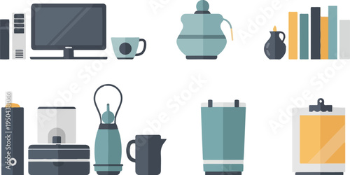 A flat-style collection of office and kitchen accessories on a white background