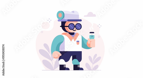 A cartoon adventurer in a hat and sunglasses holds a coffee cup