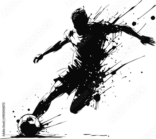 Dynamic soccer player silhouette kicking ball with abstract splatter effect in motion