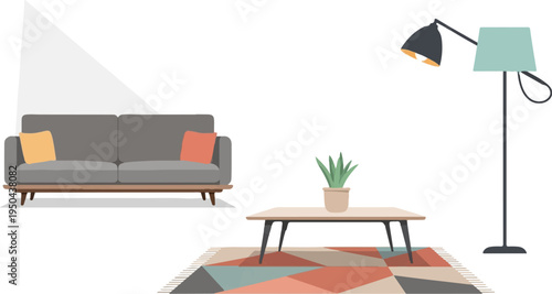 A modern living room with a grey sofa, coffee table, and floor lamp