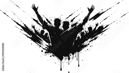 Dynamic group silhouette with raised hands bursting from black paint splashes on white background