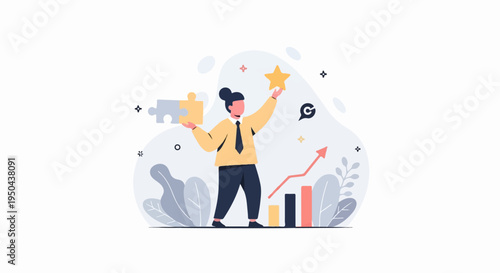 A person holding a puzzle piece and a star, with a rising graph