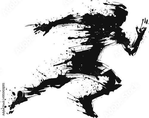 Abstract dynamic runner silhouette with motion effects and ink splash design in black on white