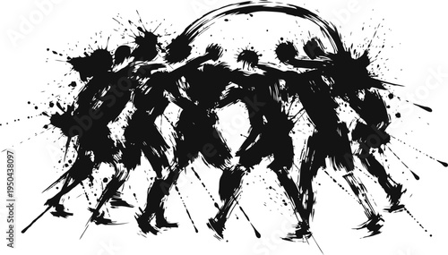 Dynamic abstract sketch of a rugby team in a scrum formation with expressive ink splatter