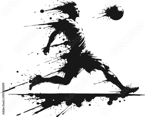 Dynamic soccer player kicking ball with ink splash effect, artistic sports silhouette illustration