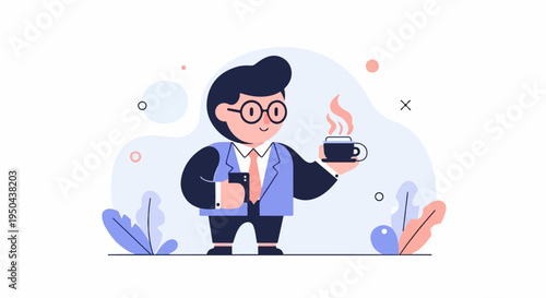 Animated businessman holding a phone and a steaming coffee cup