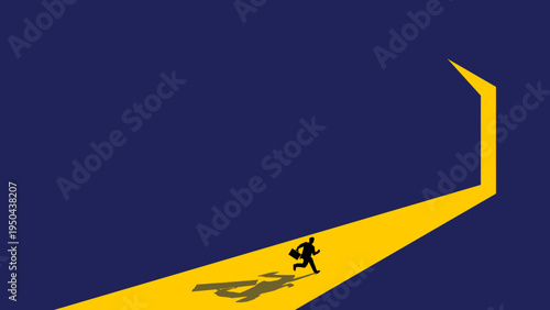 Silhouette of businessman running towards open door with bright light, business opportunity and success concept. horizontal landscape size.