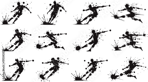 Black ink splatter soccer player silhouettes in dynamic kicking and running action set