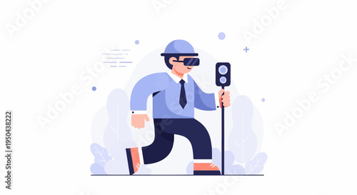 A man in a suit and headset walks with a traffic signal