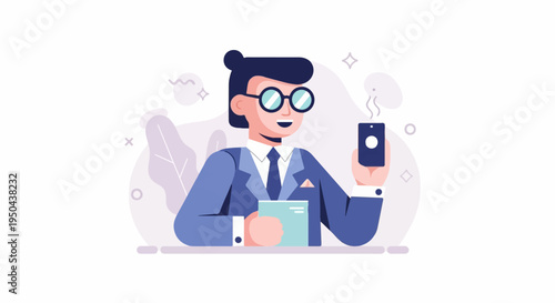 A smiling man in a suit holds a phone and a book, with abstract shapes