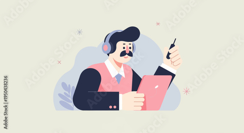 Animated man with mustache and headphones using tablet and phone